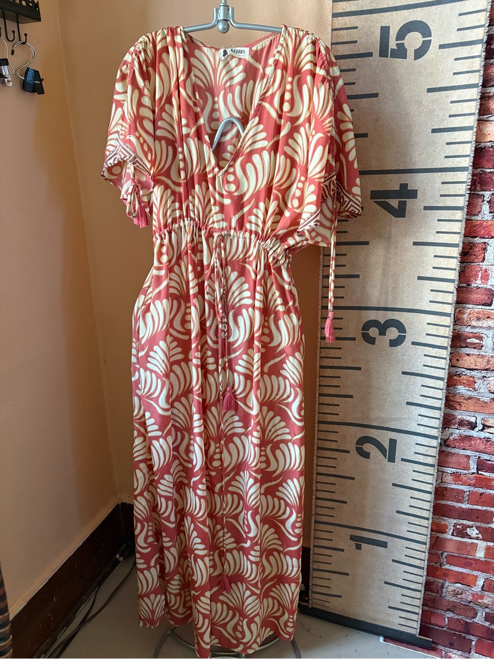 Coral & Cream with Metallic Gold Accents Maxi Dress Tie Waist S/M/L/XL